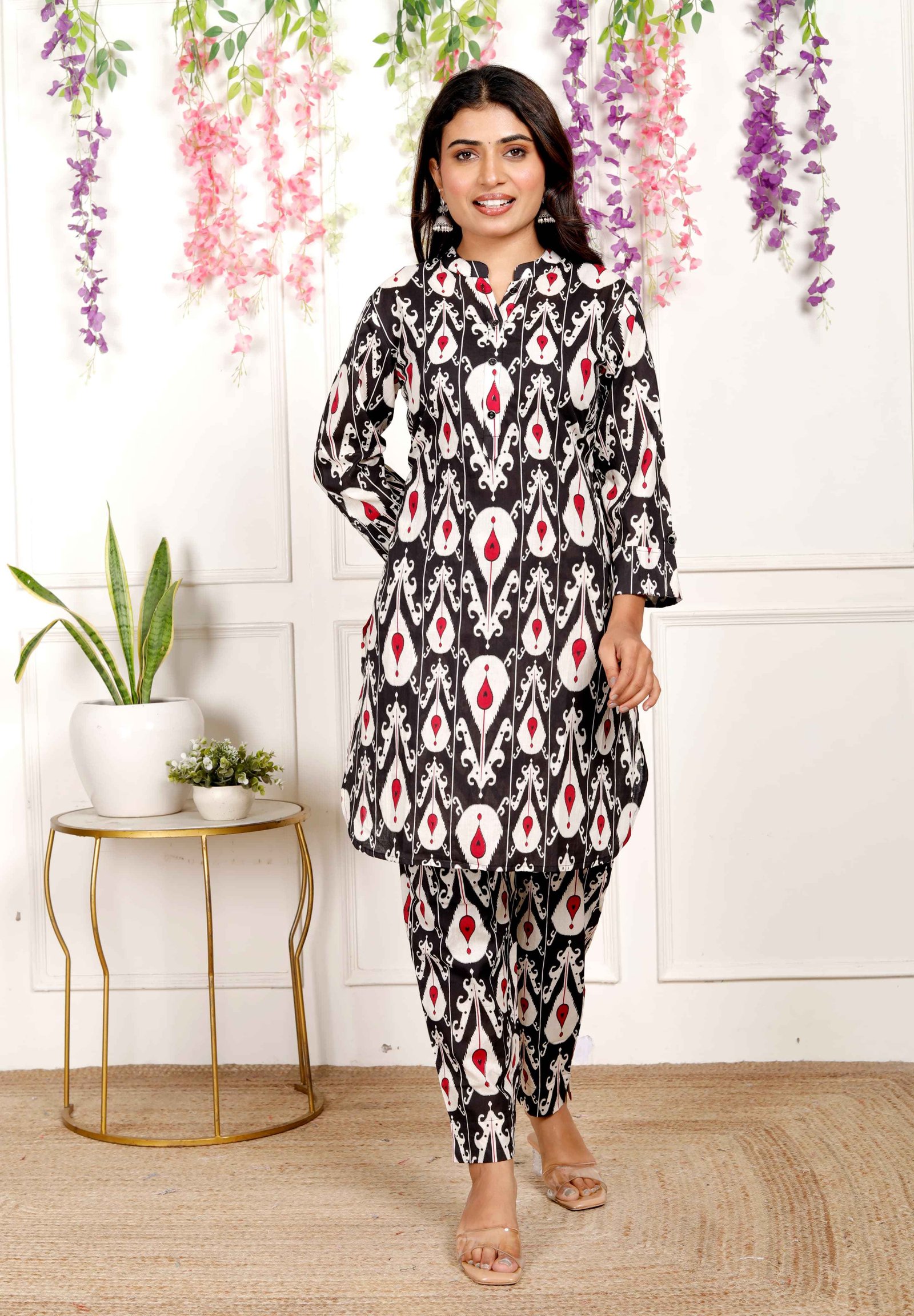  Black Ikat  printed cotton kurta set 